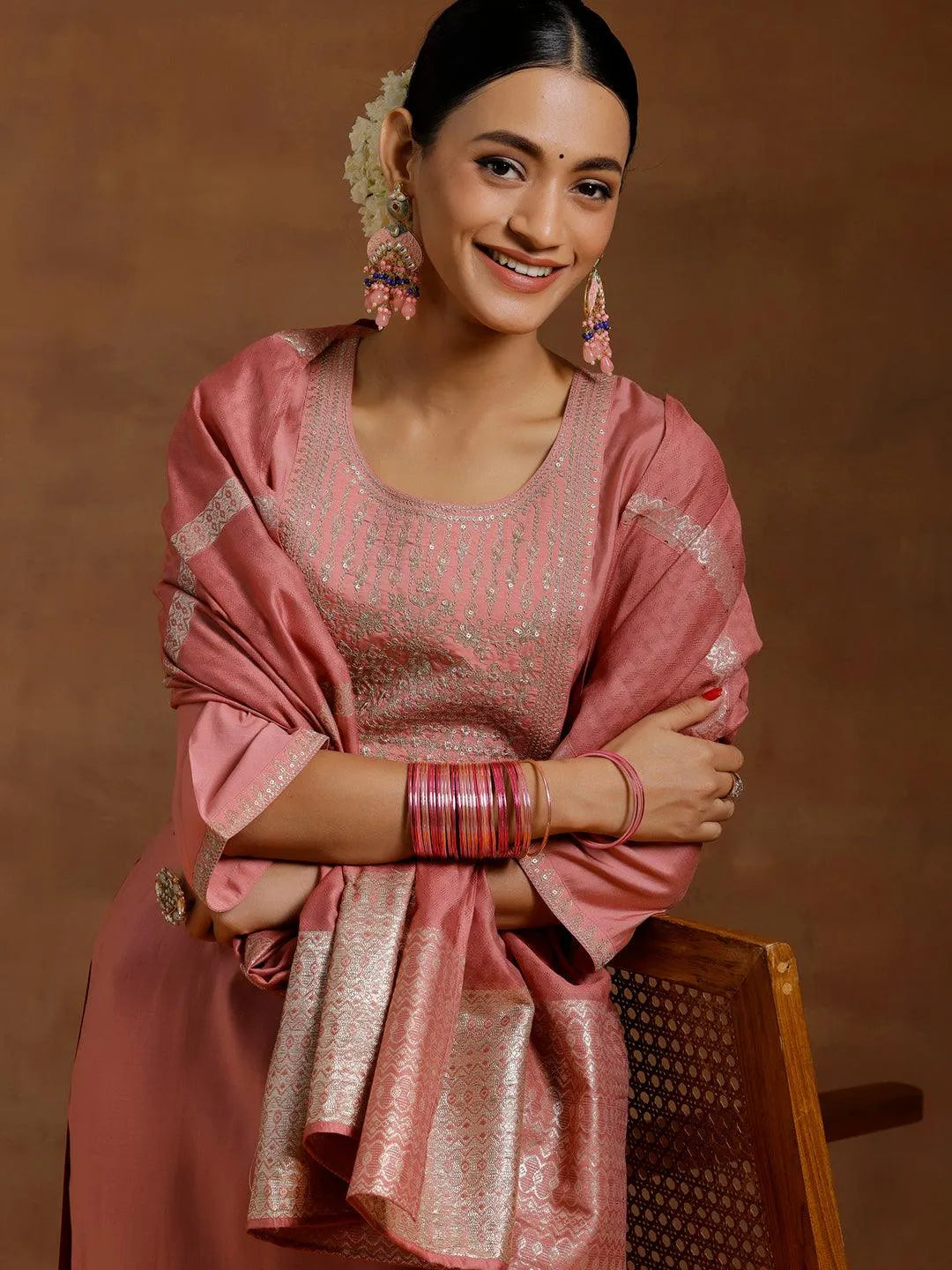 Peach Yoke Design Silk Blend Straight Suit With Dupatta - Libas 