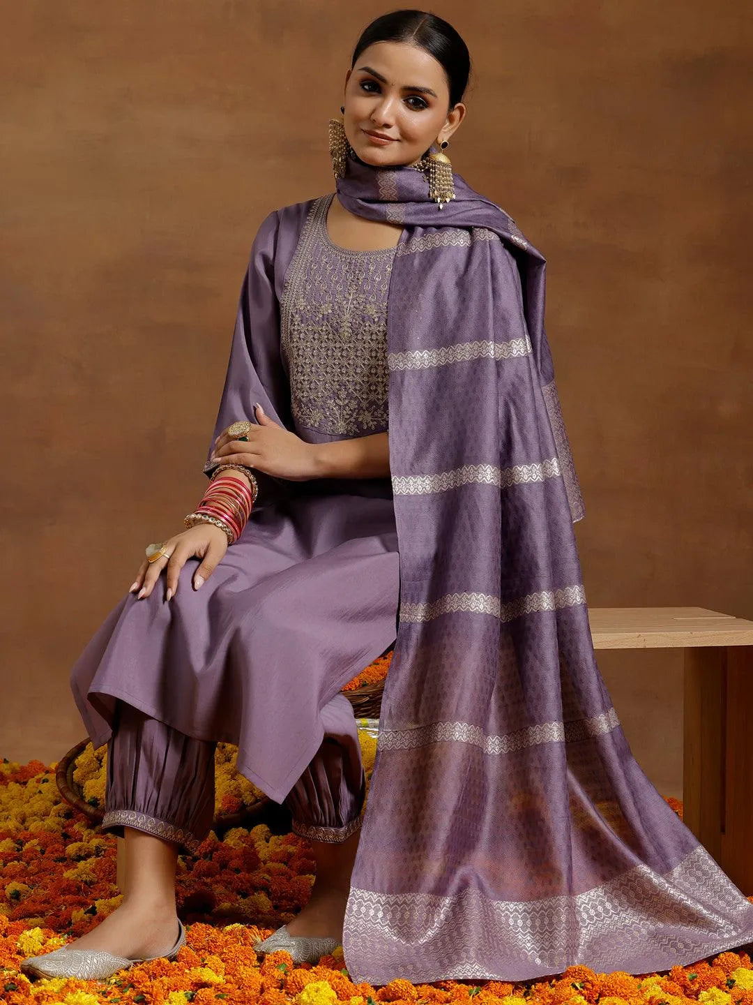 Magenta Yoke Design Silk Blend  Straight Suit Set With Dupatta main image 1