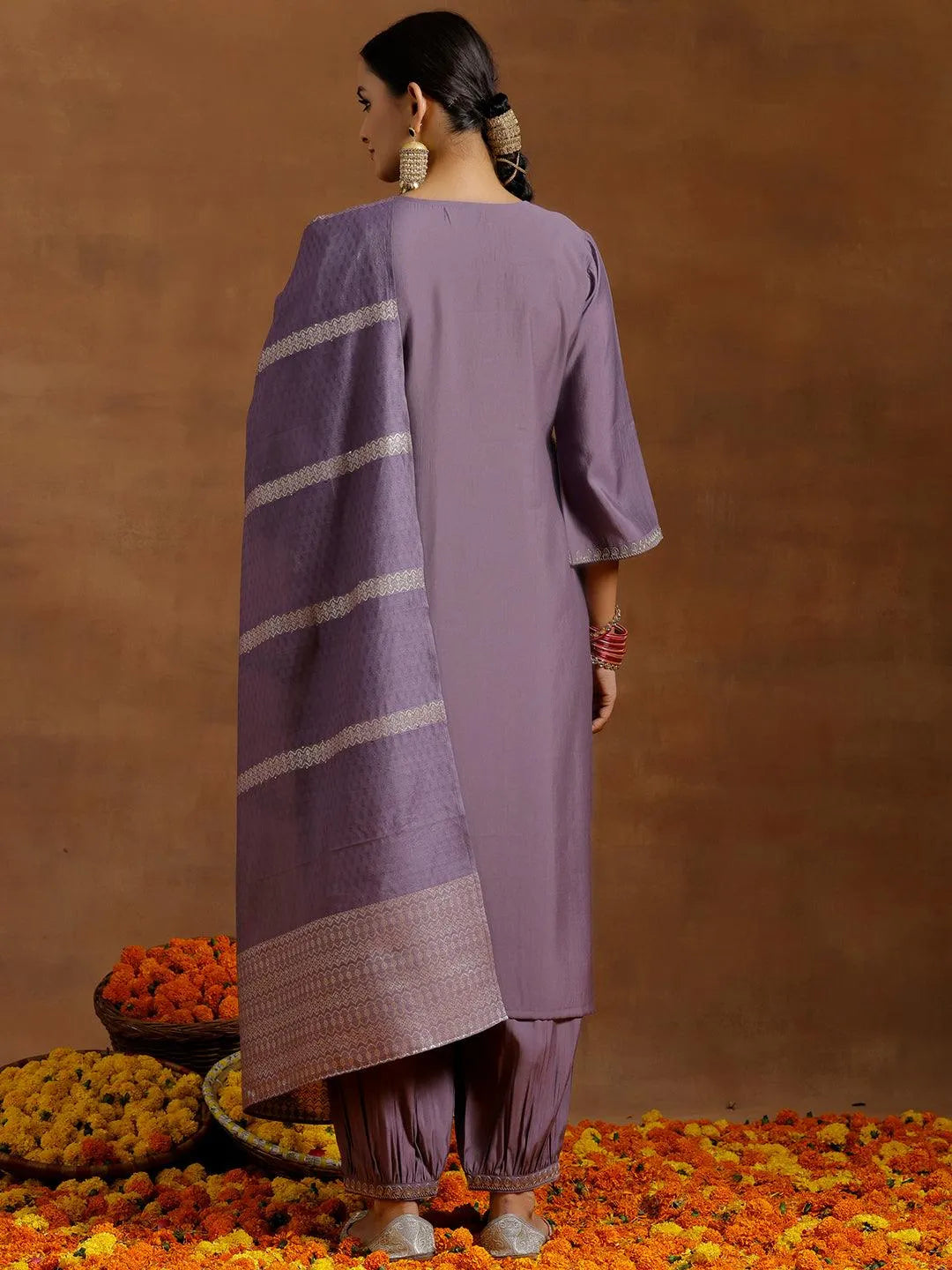 Purple Yoke Design Silk Blend Straight Suit With Dupatta - Libas 