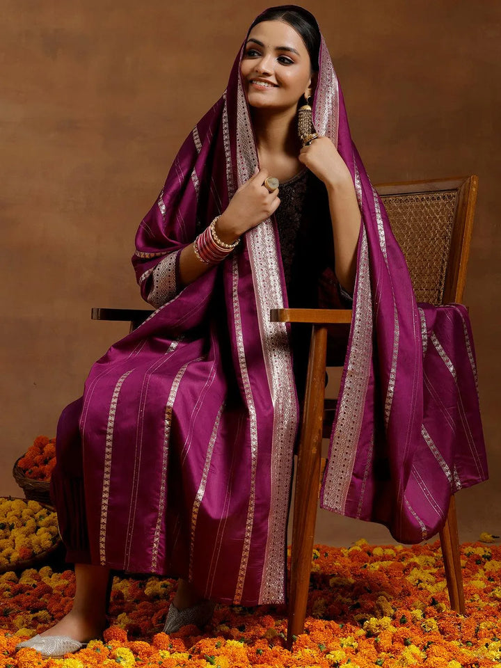 Purple Yoke Design Silk Blend Straight Suit With Dupatta - Libas