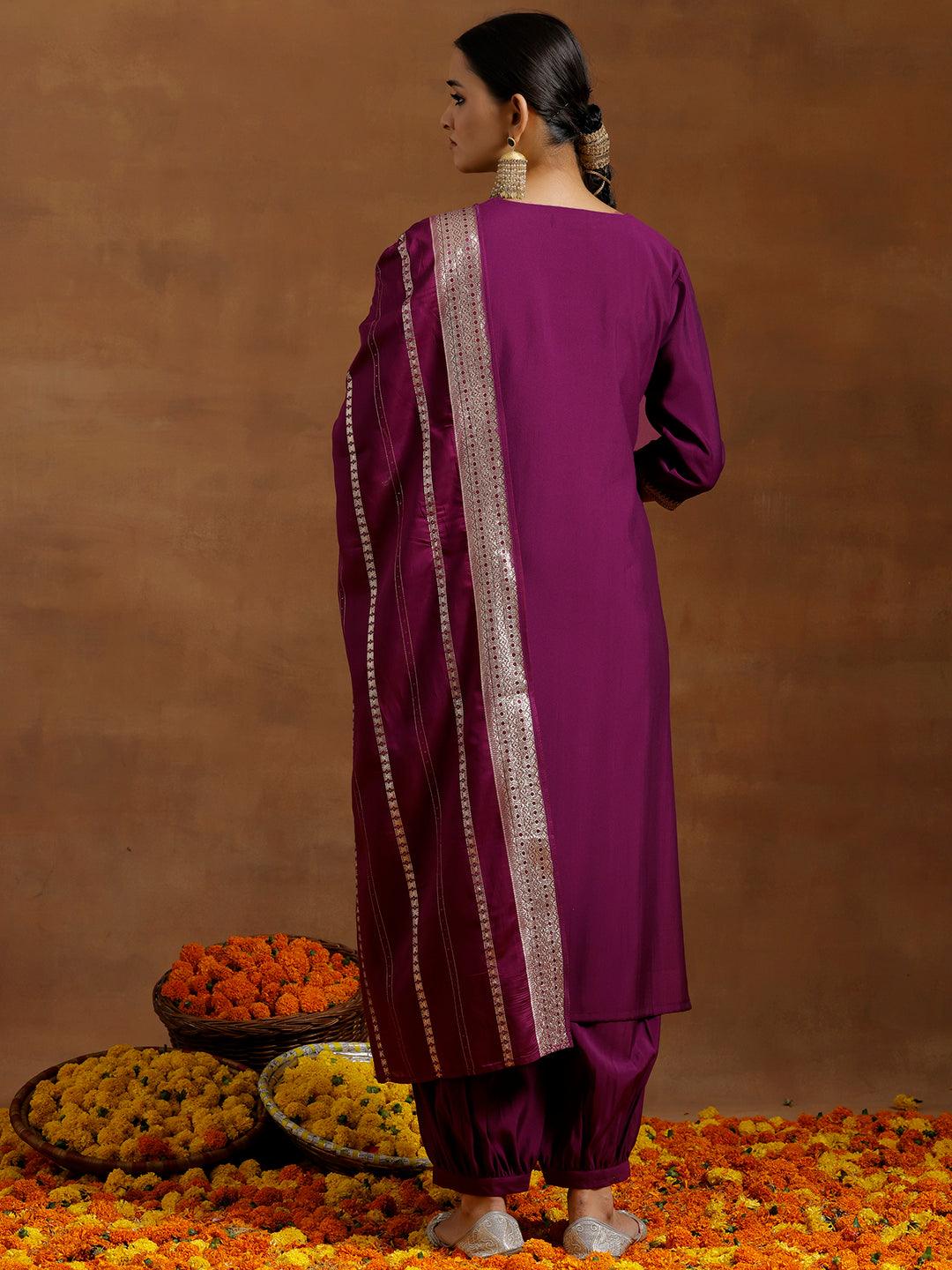 Purple Yoke Design Silk Blend Straight Suit With Dupatta - Libas