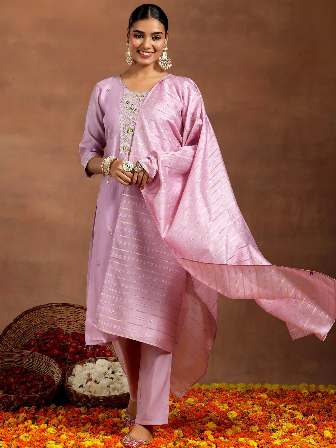  Lilac Embroidered Silk Blend Straight Suit With Dupatta 