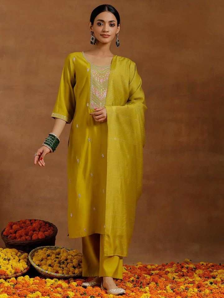 Yellow Embroidered Silk Blend Straight Suit With Dupatta - Libas