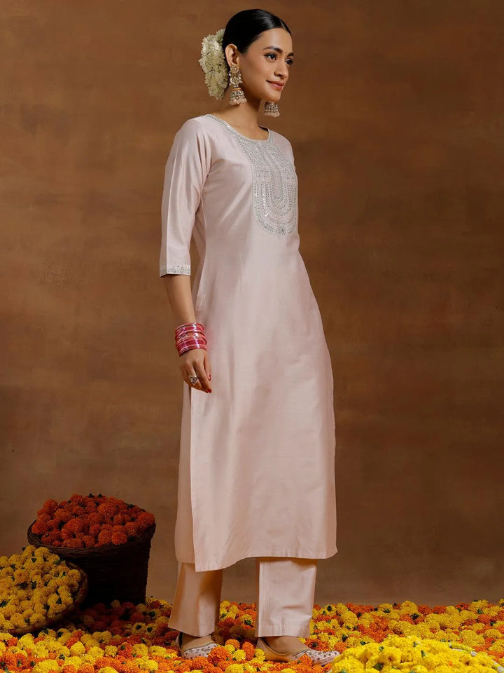 Light Pink Yoke Design Silk Blend Straight Suit With Dupatta - Libas