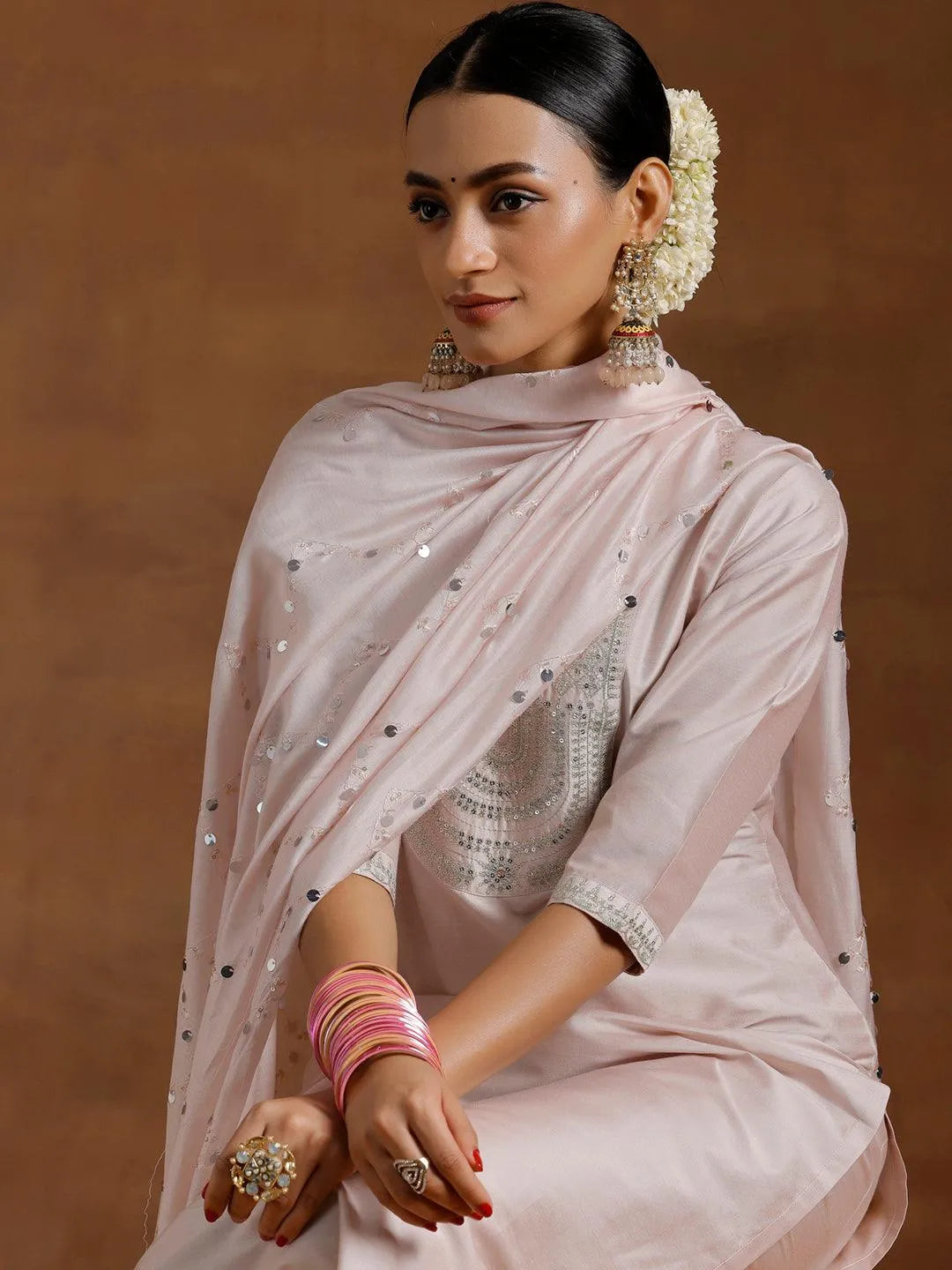 Light Pink Yoke Design Silk Blend Straight Suit With Dupatta - Libas 