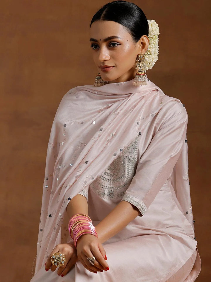 Light Pink Yoke Design Silk Blend Straight Suit With Dupatta - Libas