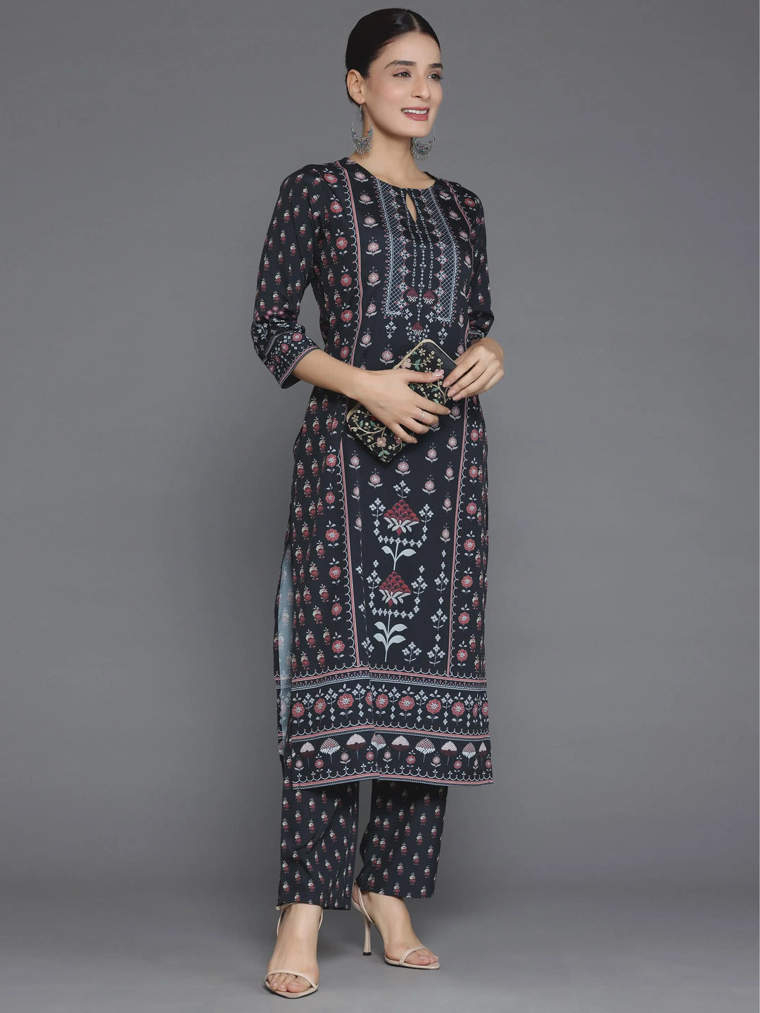 Black Printed Poly Crepe Straight Kurta Set - Libas 