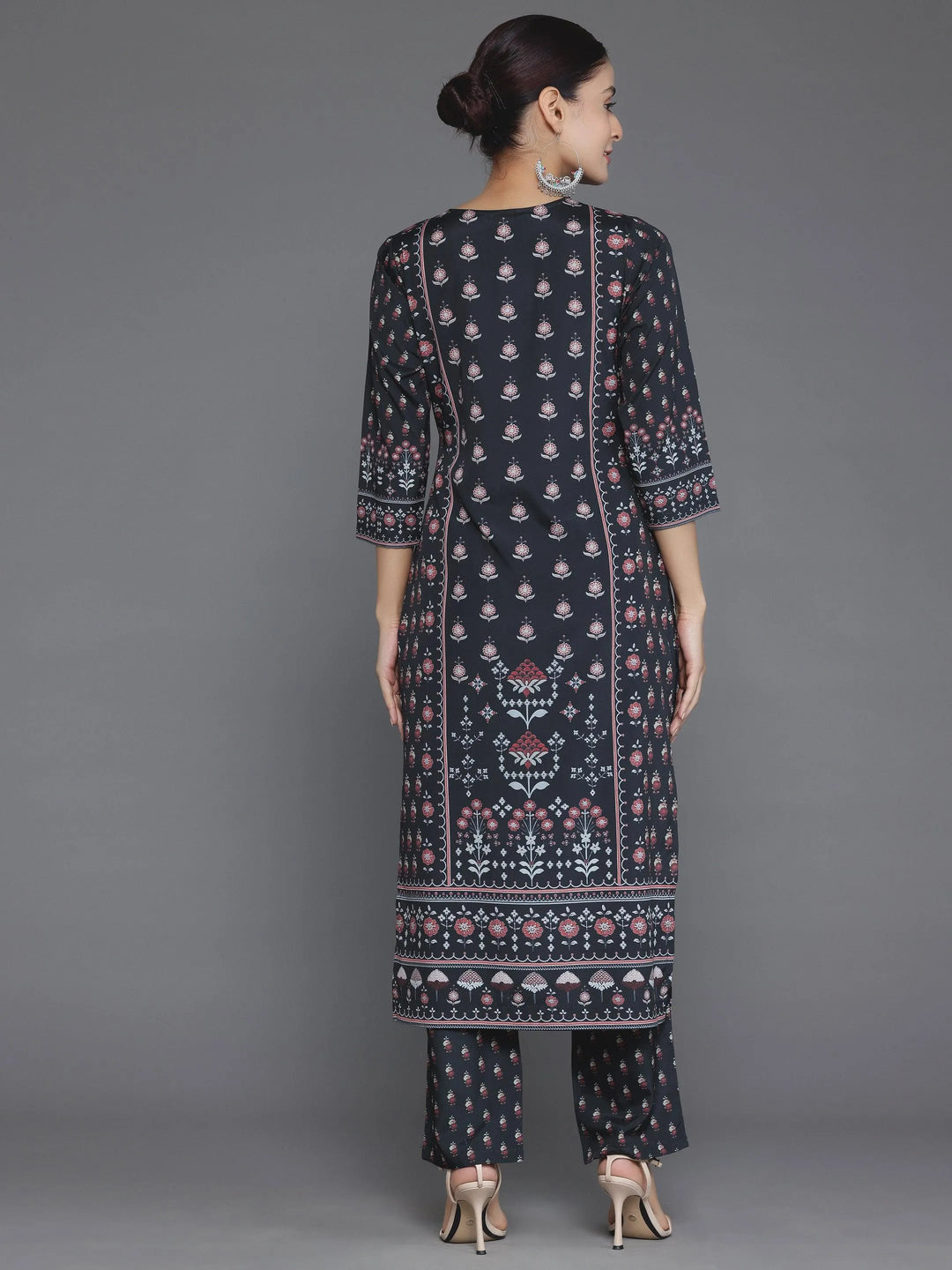 Black Printed Poly Crepe Straight Kurta Set - Libas 