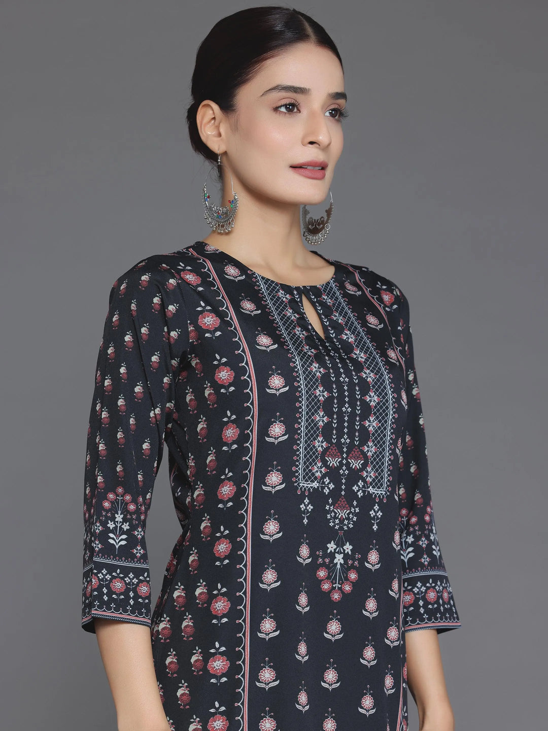 Black Printed Poly Crepe Straight Kurta Set - Libas