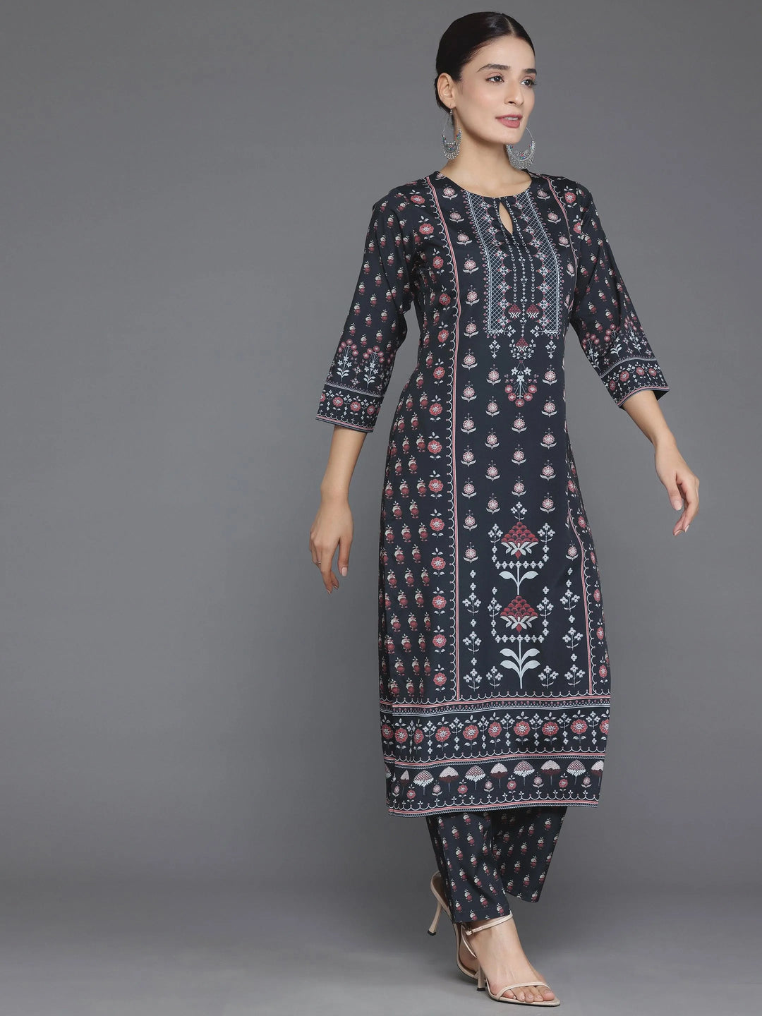 Black Printed Poly Crepe Straight Kurta Set - Libas 
