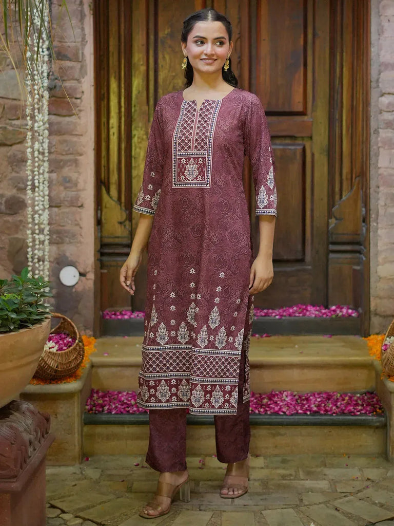 Libas Brown Printed Poly Crepe Straight Kurta With Trousers