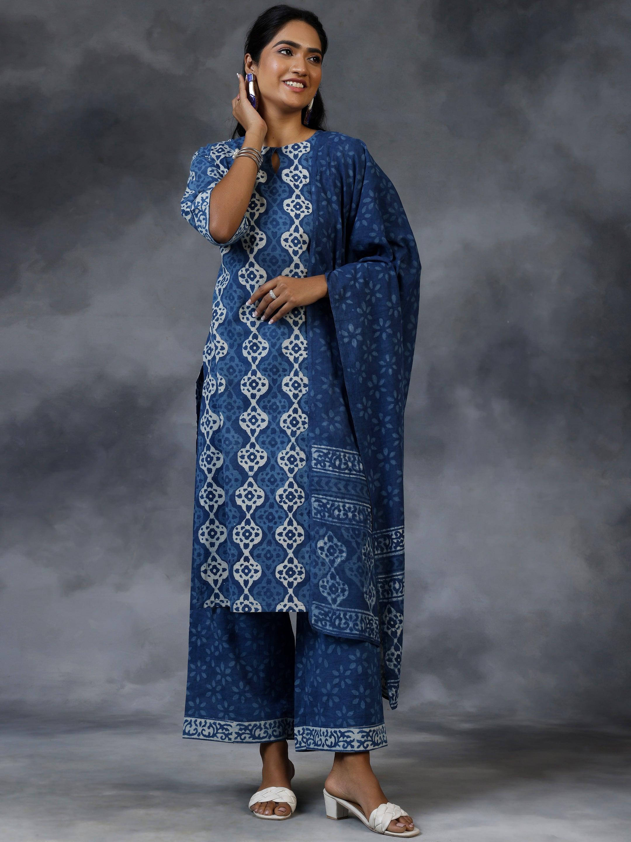 Blue Printed Cotton Straight Suit With Dupatta