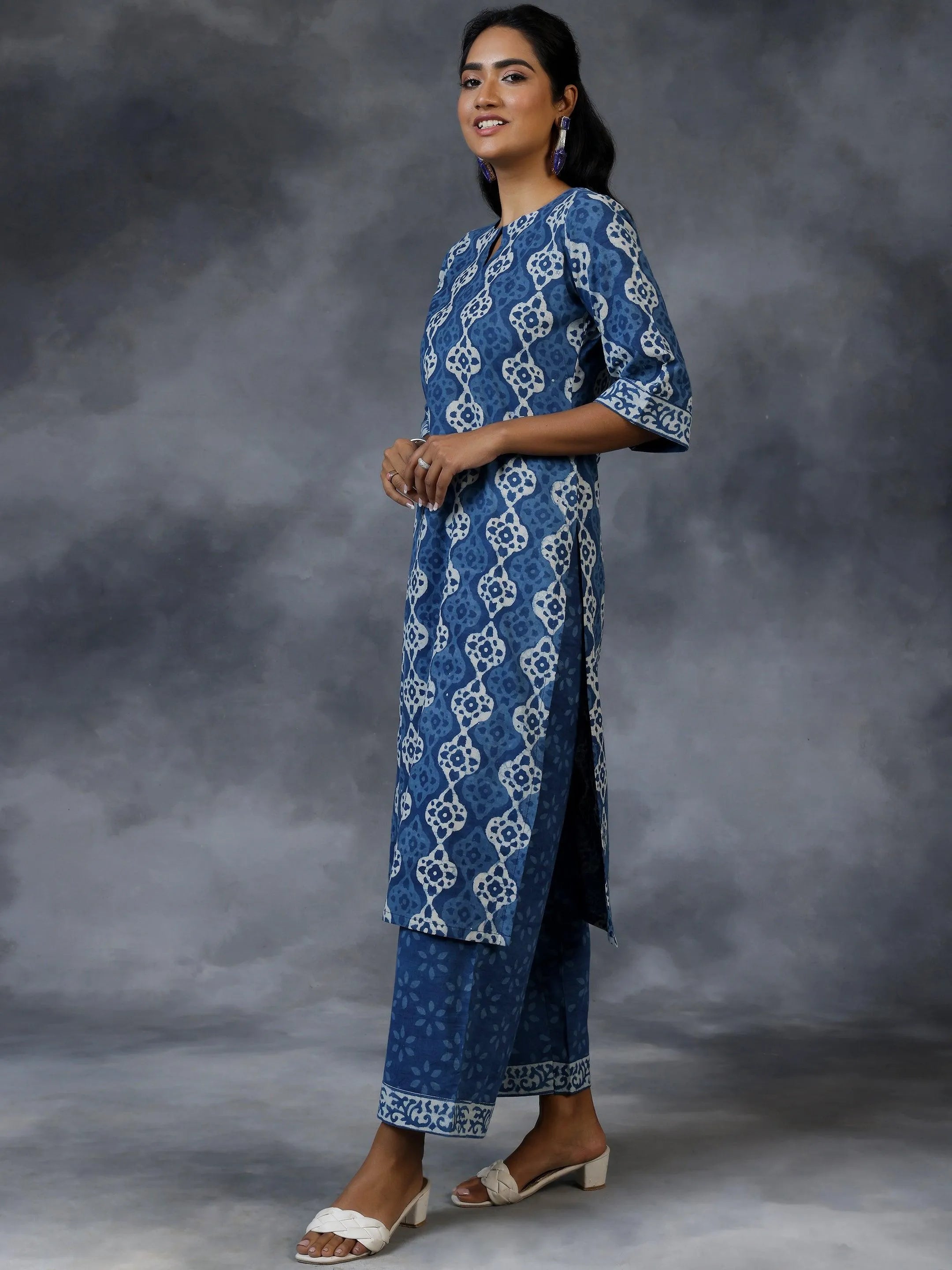 Indigo Printed Cotton Straight Suit Set With Dupatta