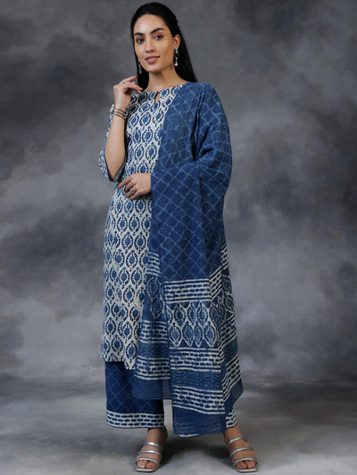 Blue Printed Cotton Straight Suit With Dupatta - Libas
