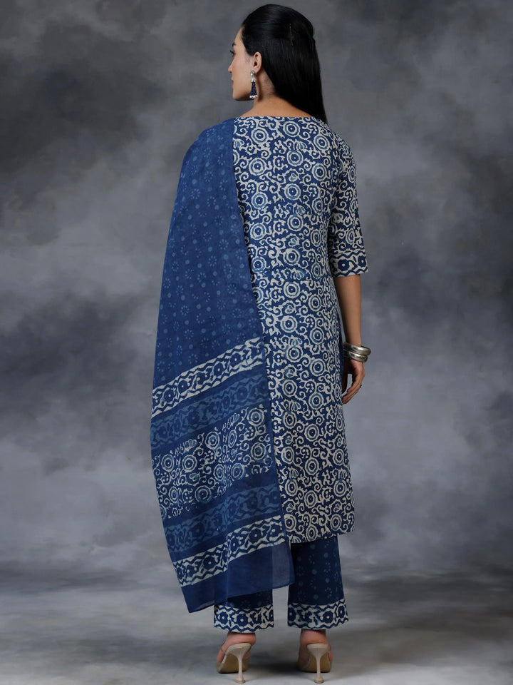 Blue Printed Cotton Straight Suit With Dupatta - Libas