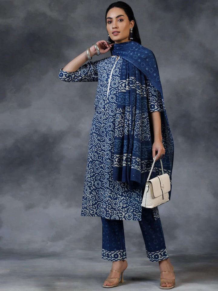 Blue Printed Cotton Straight Suit With Dupatta - Libas