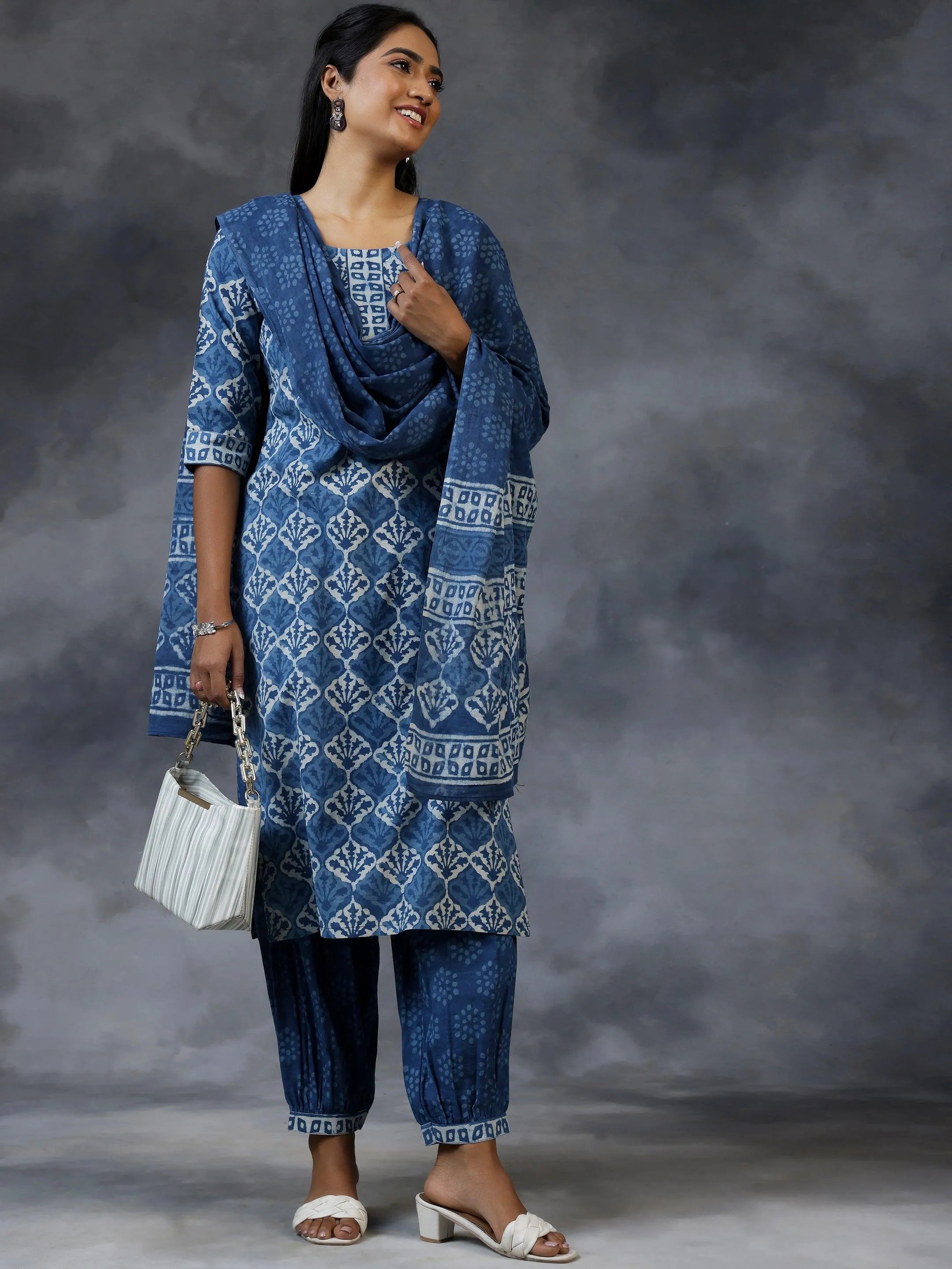 Indigo Blue Cotton Kurta Set With Striped Dupatta