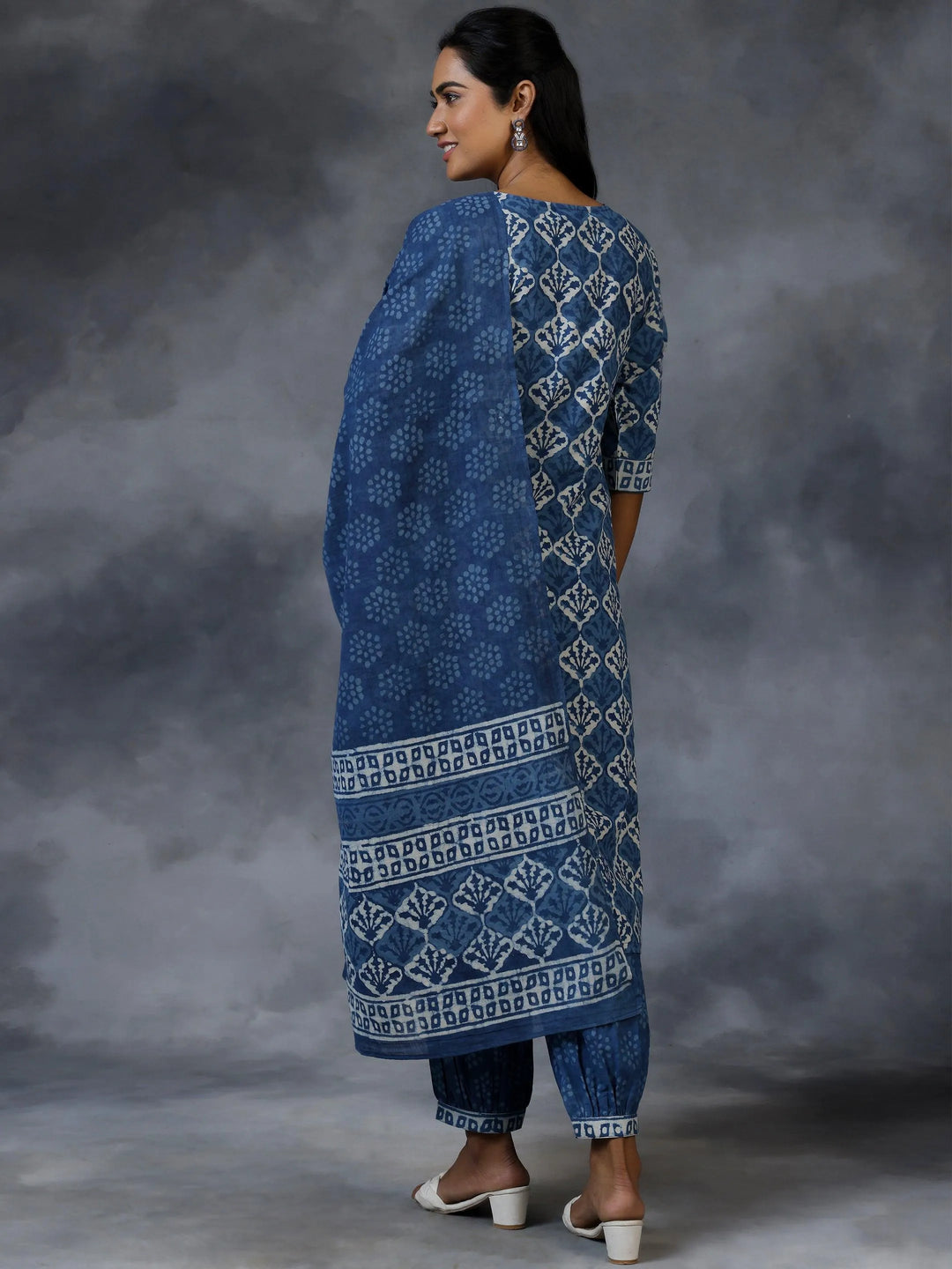 Blue Printed Cotton Straight Suit With Dupatta - Libas 