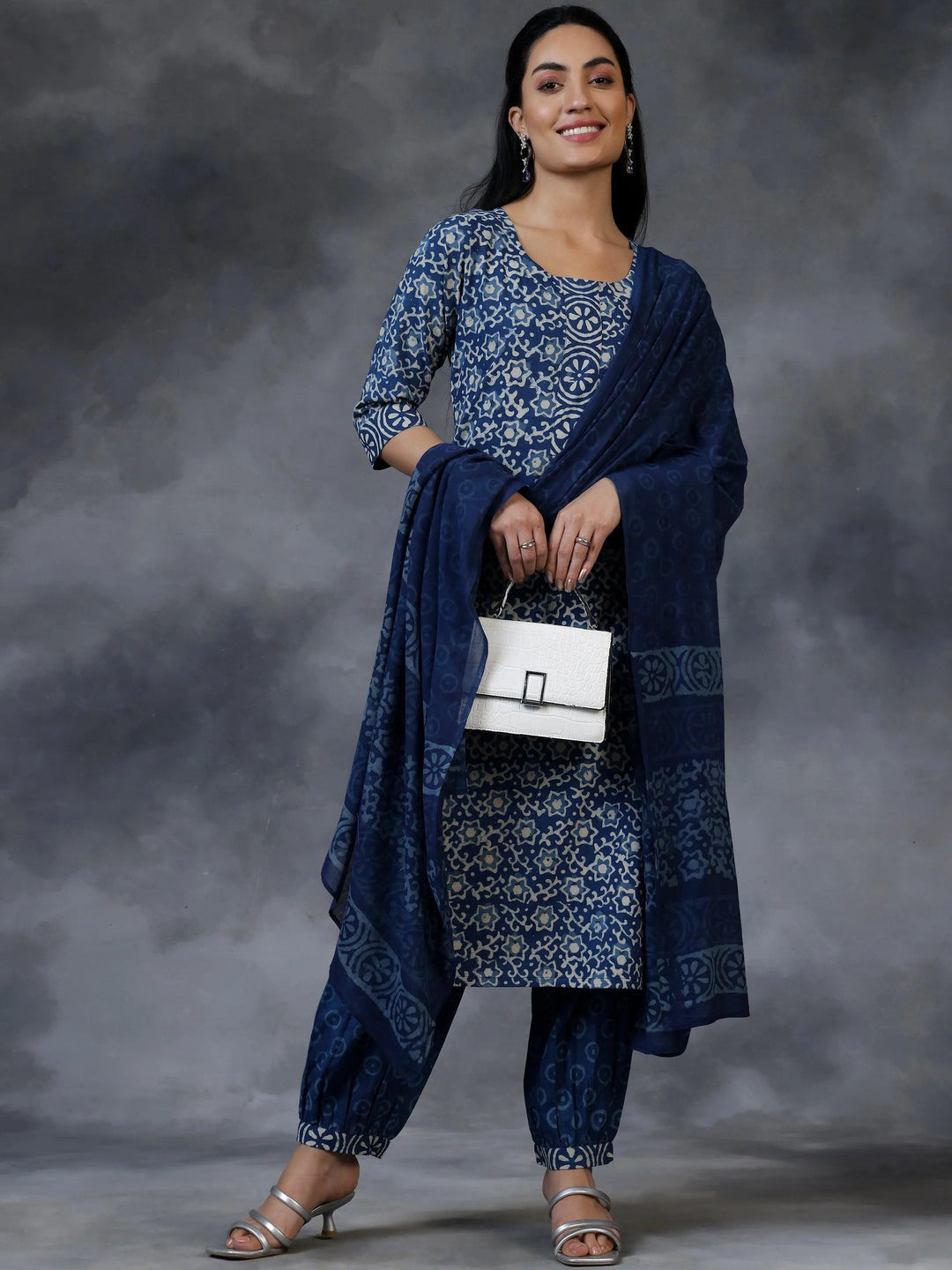 Blue Printed Cotton Straight Suit With Dupatta - Libas