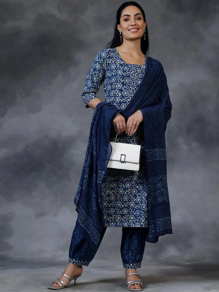 Libas Blue Printed Cotton Straight Suit With Dupatta