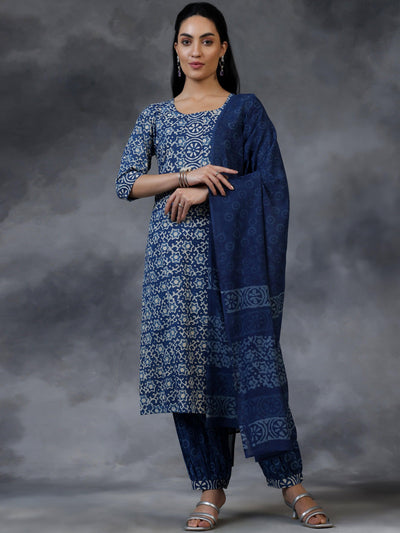 Blue Printed Cotton Straight Suit With Dupatta - Libas