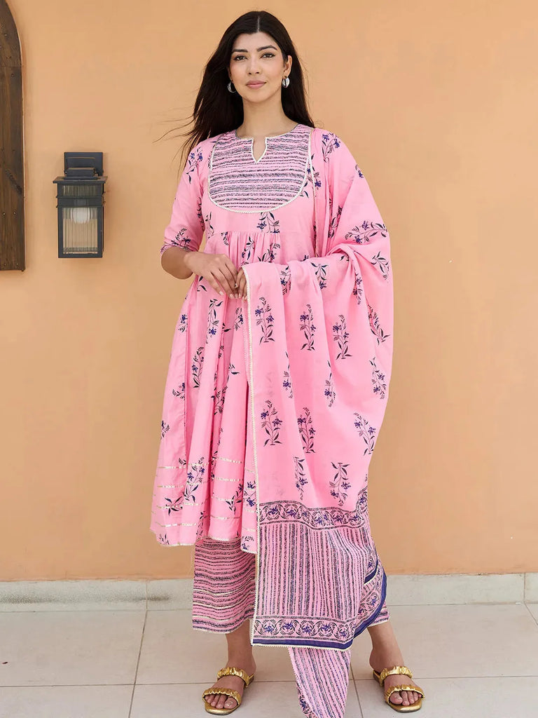 Libas Pink Printed Cotton Anarkali Suit With Dupatta