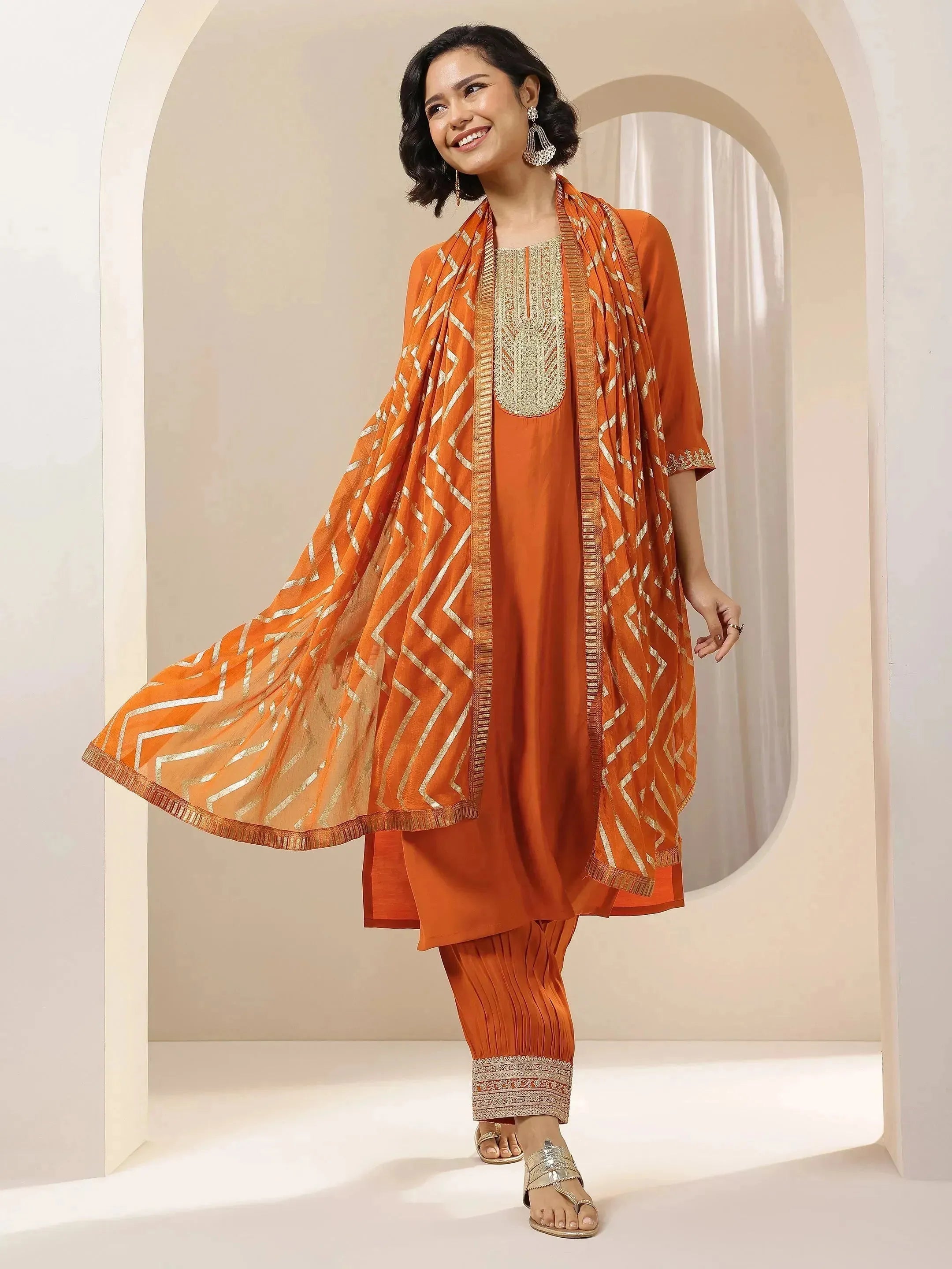 Rust Embroidered Silk Blend Straight Suit Set With Dupatta-image-22
