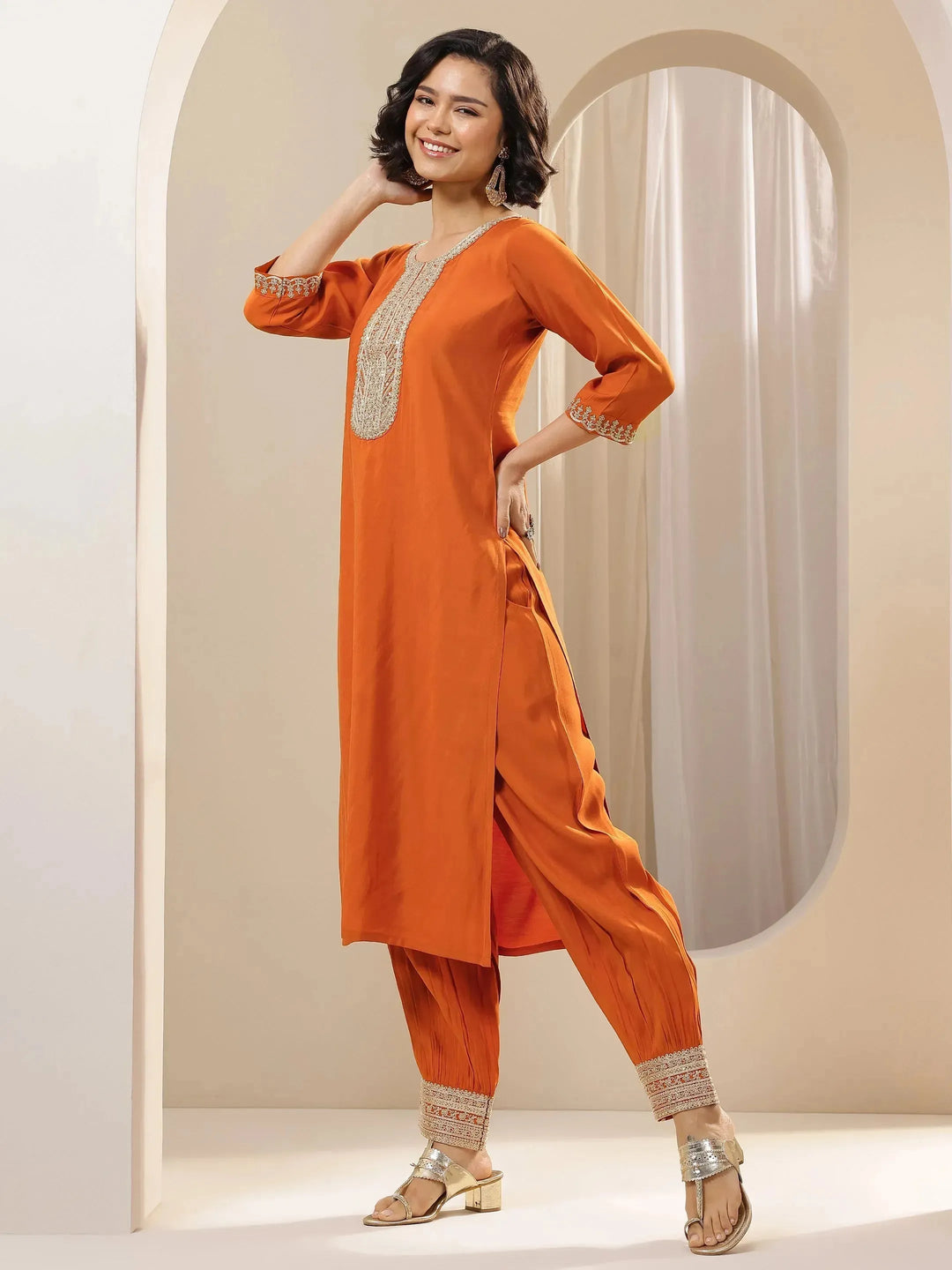  Rust Embroidered Silk Blend Straight Suit Set With Dupatta 