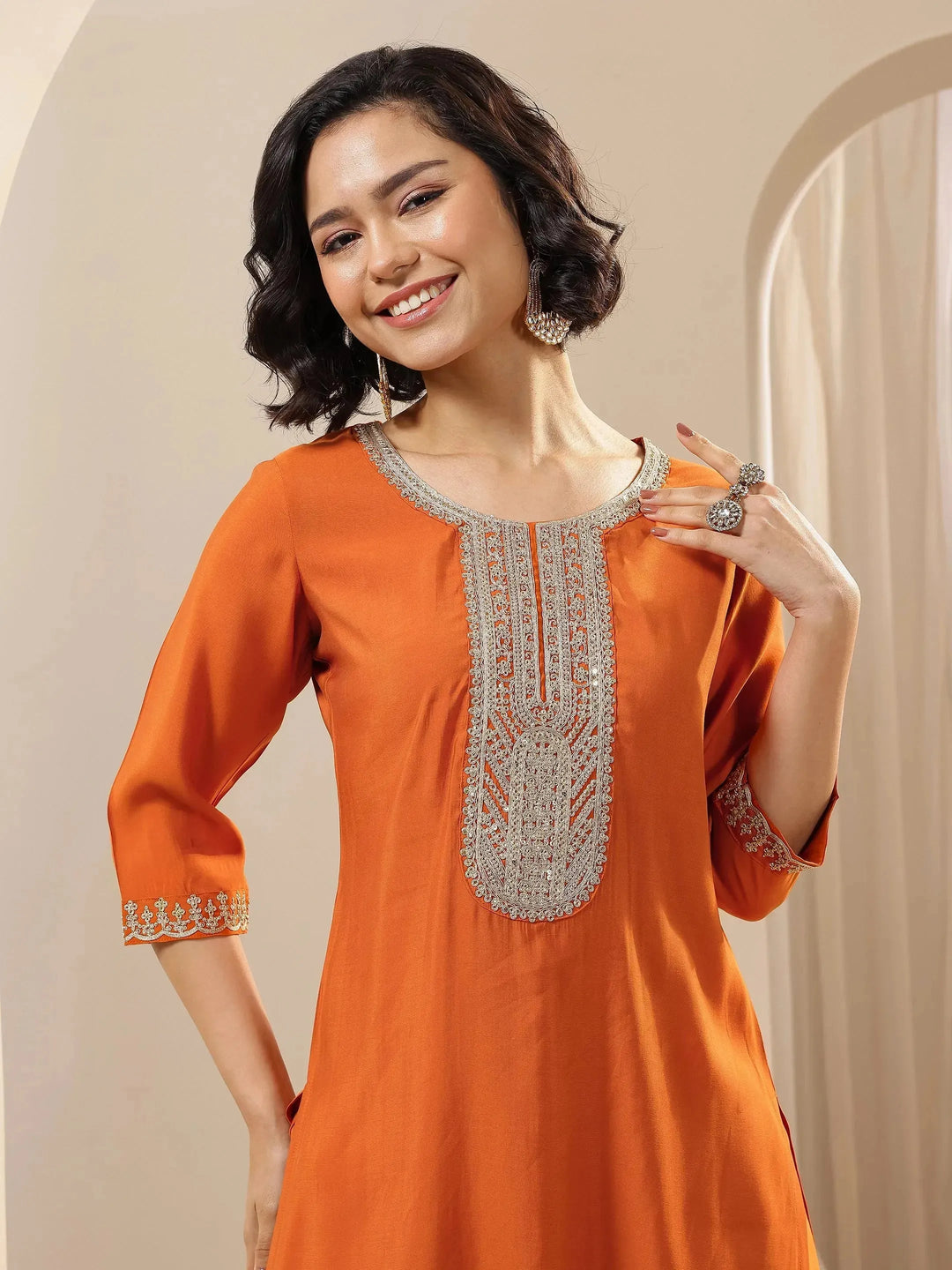  Rust Embroidered Silk Blend Straight Suit Set With Dupatta 