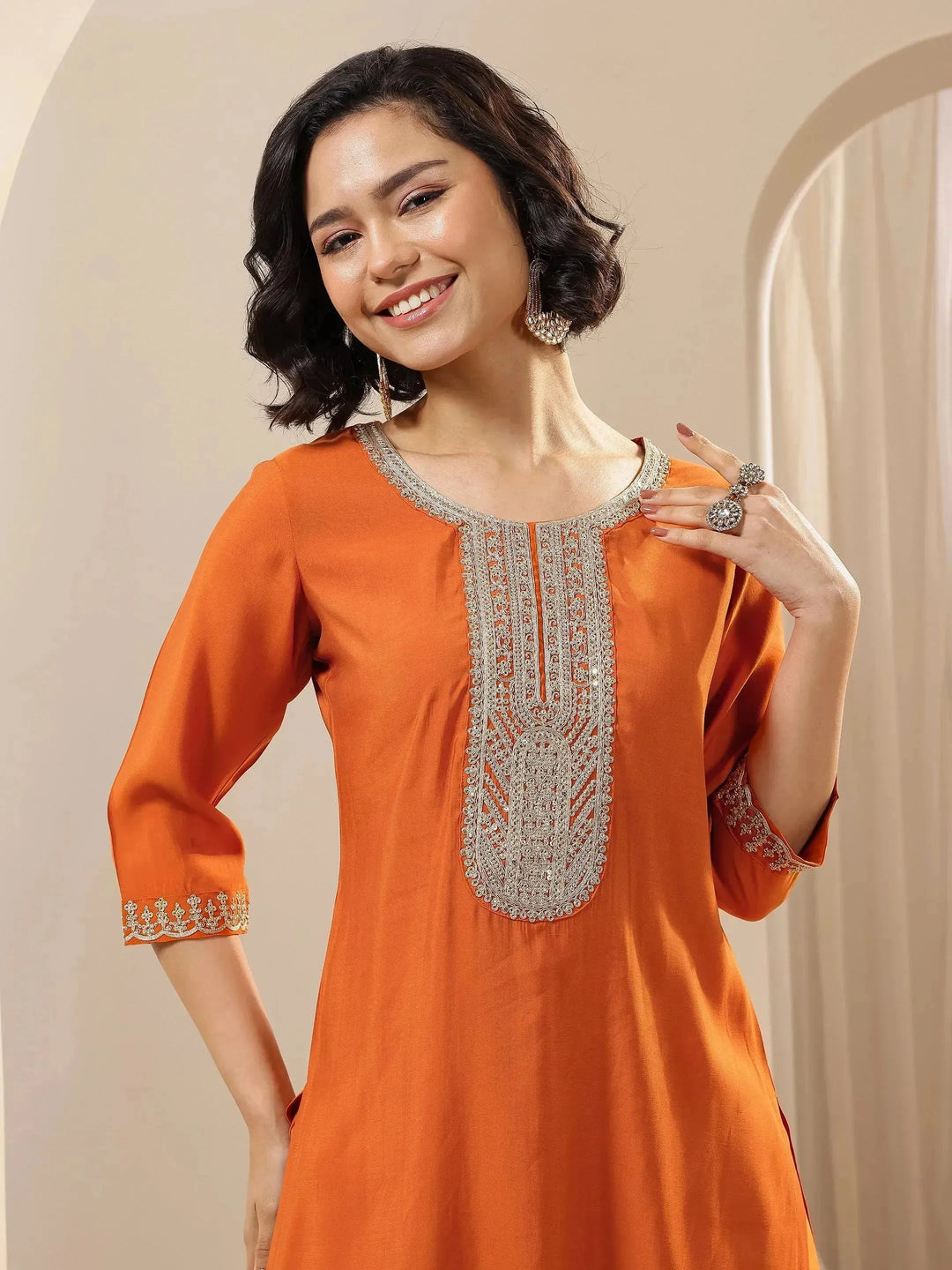  Rust Embroidered Silk Blend Straight Suit Set With Dupatta 