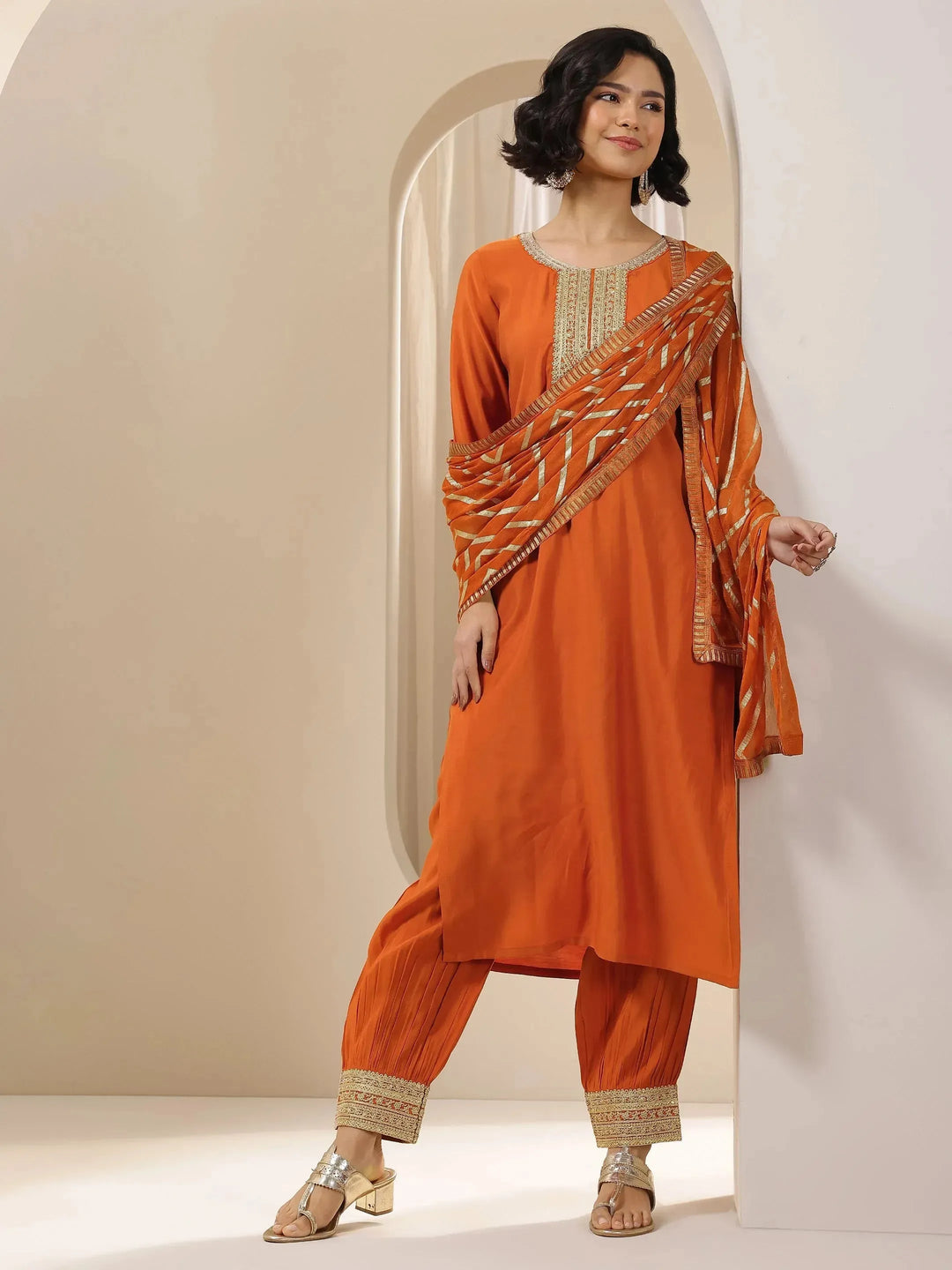  Rust Embroidered Silk Blend Straight Suit Set With Dupatta 