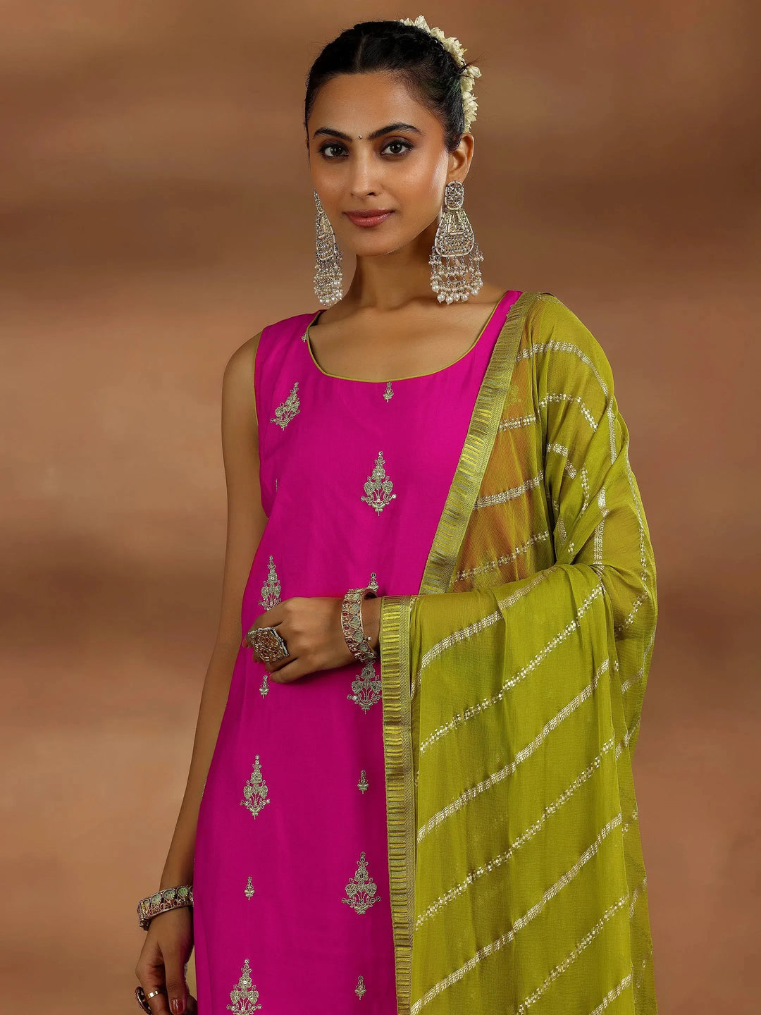  Pink Embroidered Silk Blend Straight Suit With Dupatta 