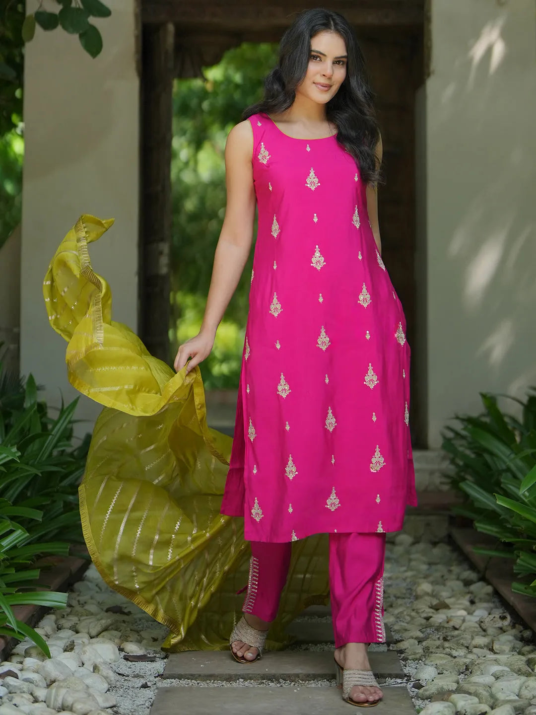 libas Pink Embroidered Silk Blend Straight Suit With Dupatta-picture-18