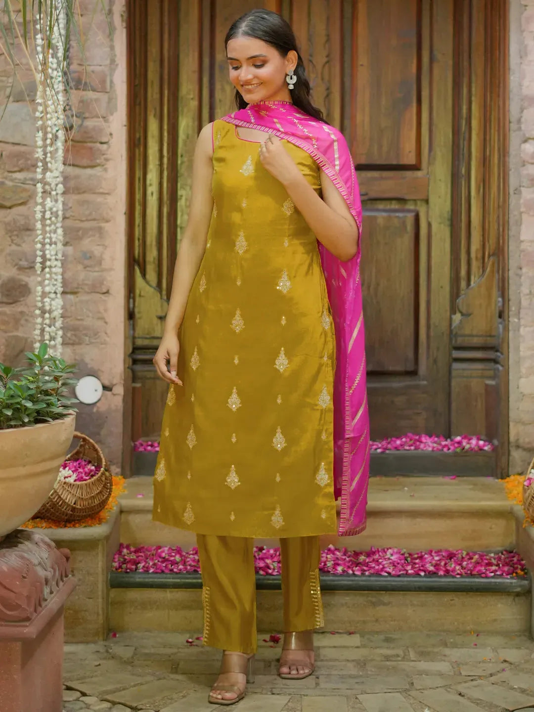 libas Mustard Embroidered Silk Blend Straight Suit With Dupatta-picture-50