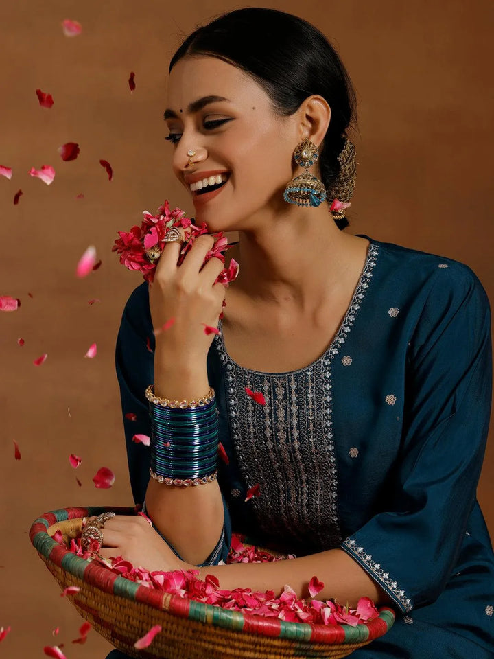 Blue Embroidered Silk Blend Straight Kurta Set - Libas