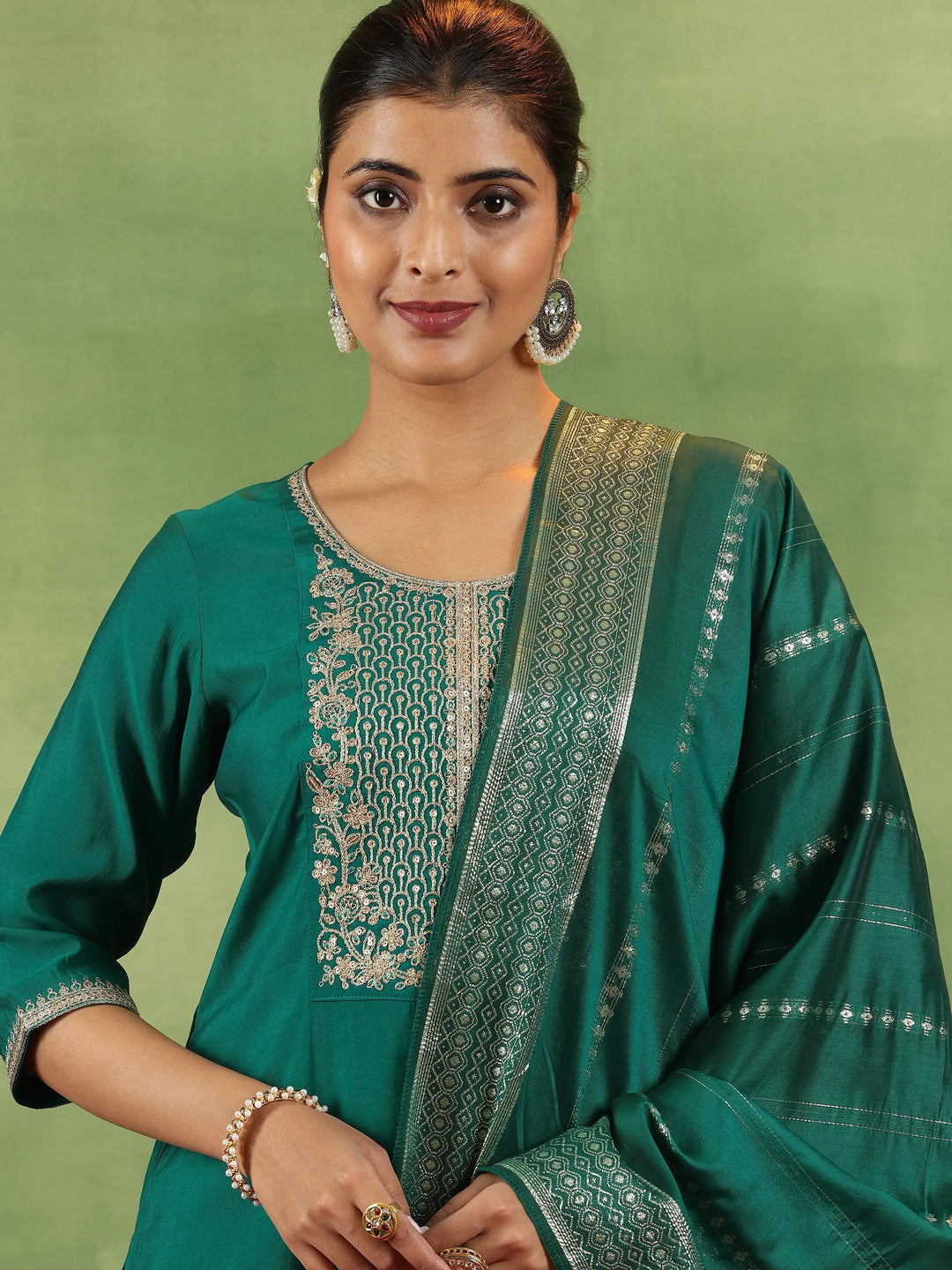  Green Yoke Design Silk Blend Straight Suit With Dupatta 