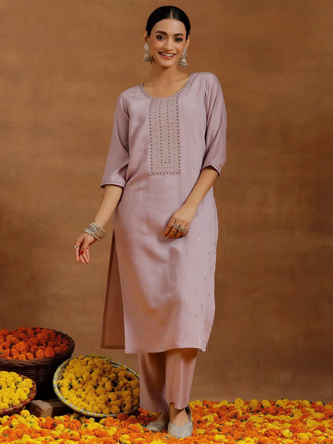 Lavender Embroidered Silk Blend Straight Kurta Set - Libas 