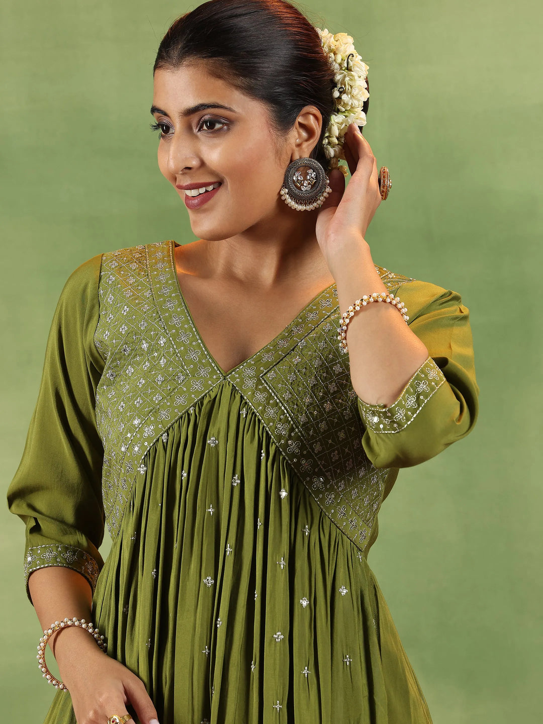  Olive Embroidered Silk Blend A-Line Kurta With Trousers 