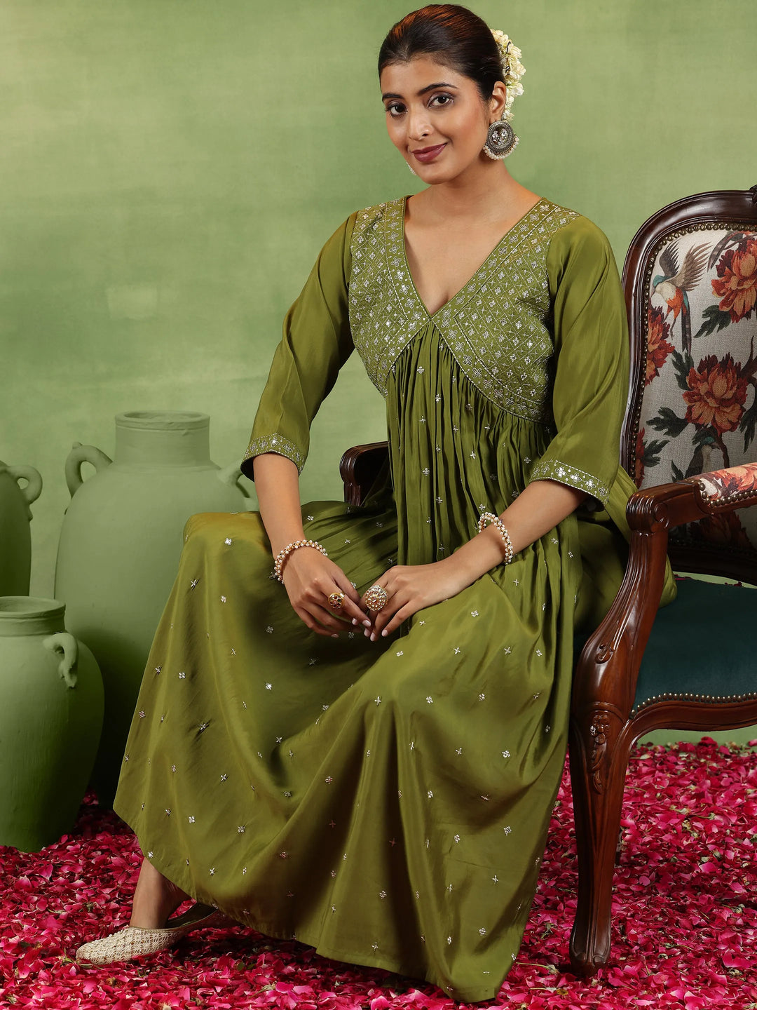  Olive Embroidered Silk Blend A-Line Kurta With Trousers 