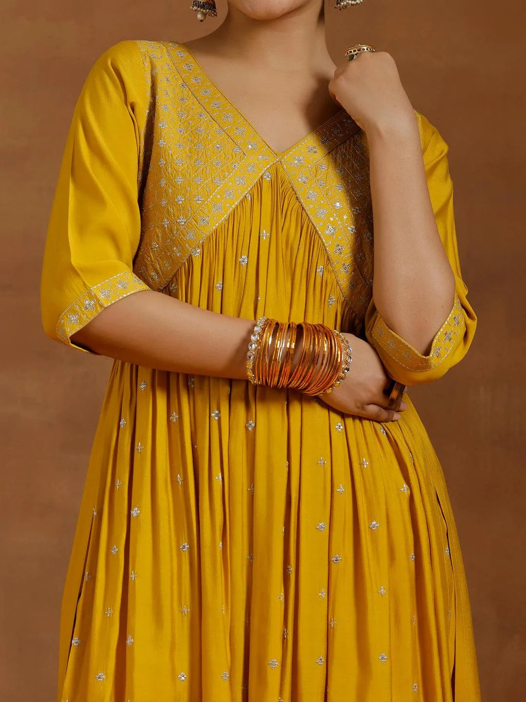 Mustard Embroidered Silk Blend A-Line Kurta With Trousers - Libas 