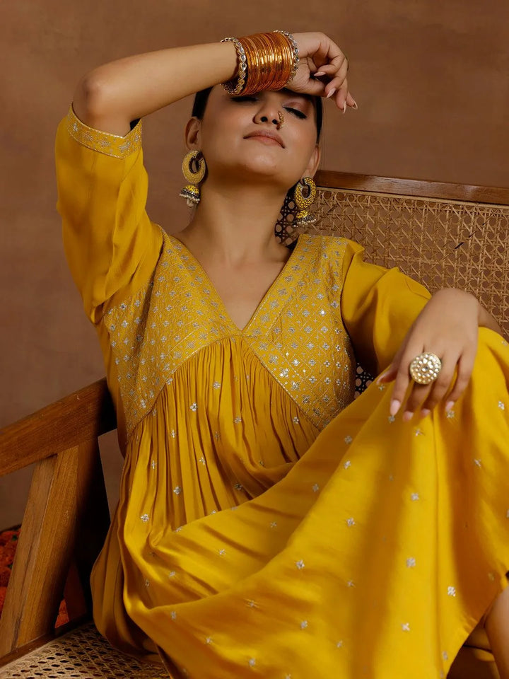 Mustard Embroidered Silk Blend A-Line Kurta With Trousers - Libas