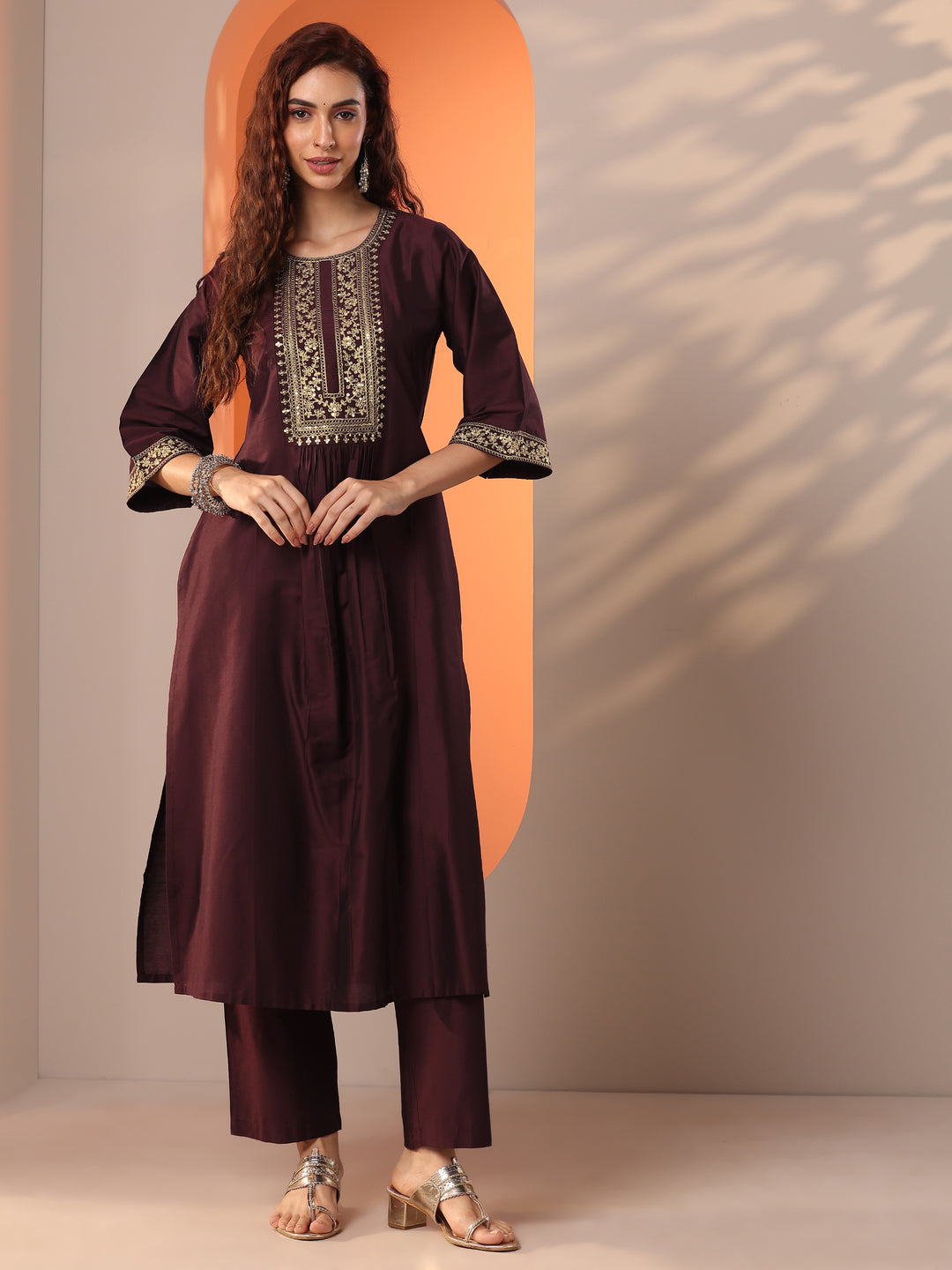  Burgundy Embroidered Silk Blend Straight Kurta Set 