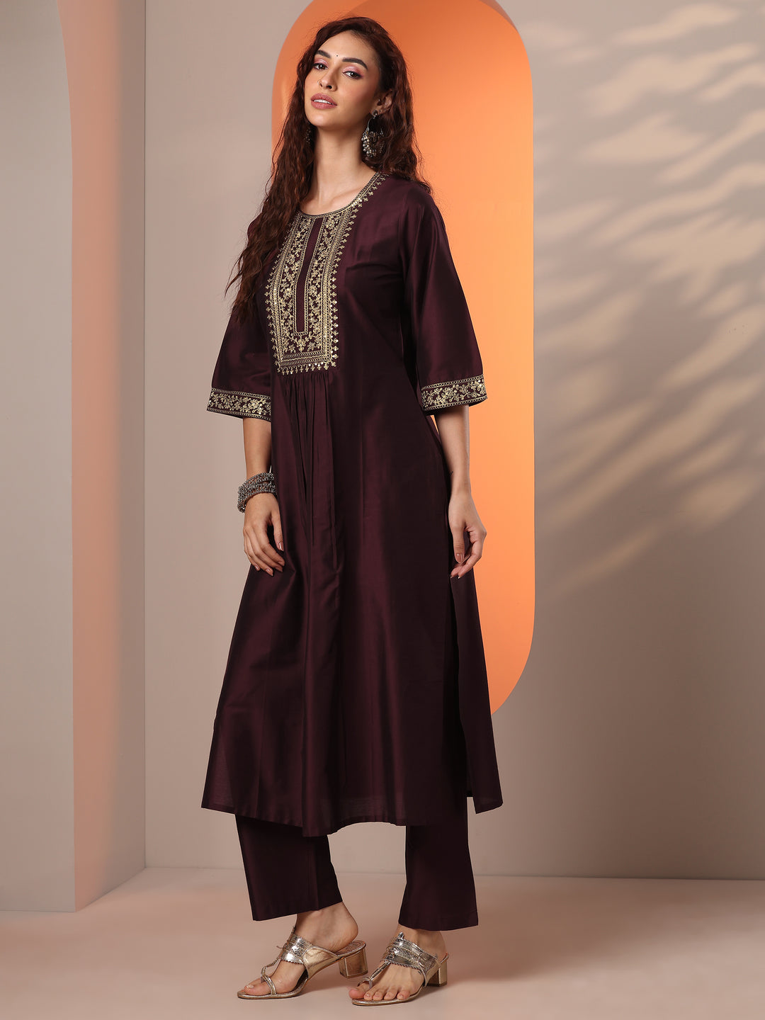  Burgundy Embroidered Silk Blend Straight Kurta Set 