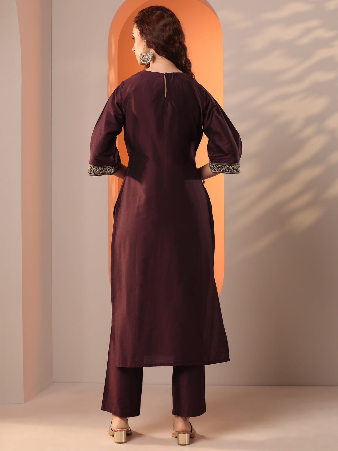  Burgundy Embroidered Silk Blend Straight Kurta Set 