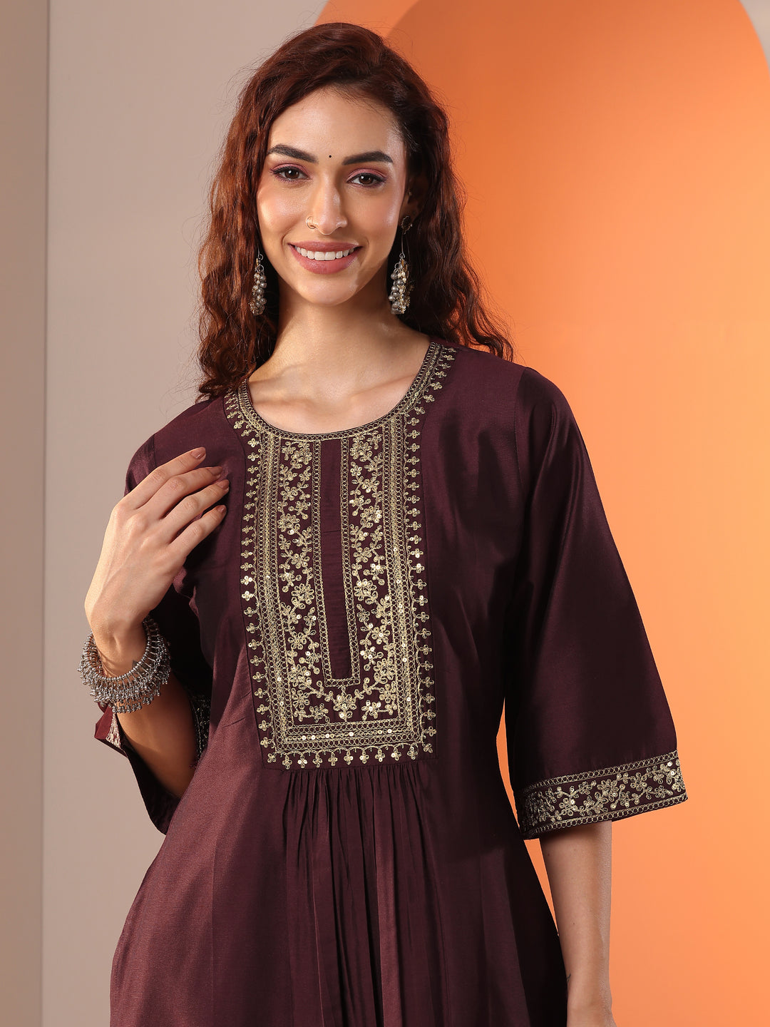  Burgundy Embroidered Silk Blend Straight Kurta Set 