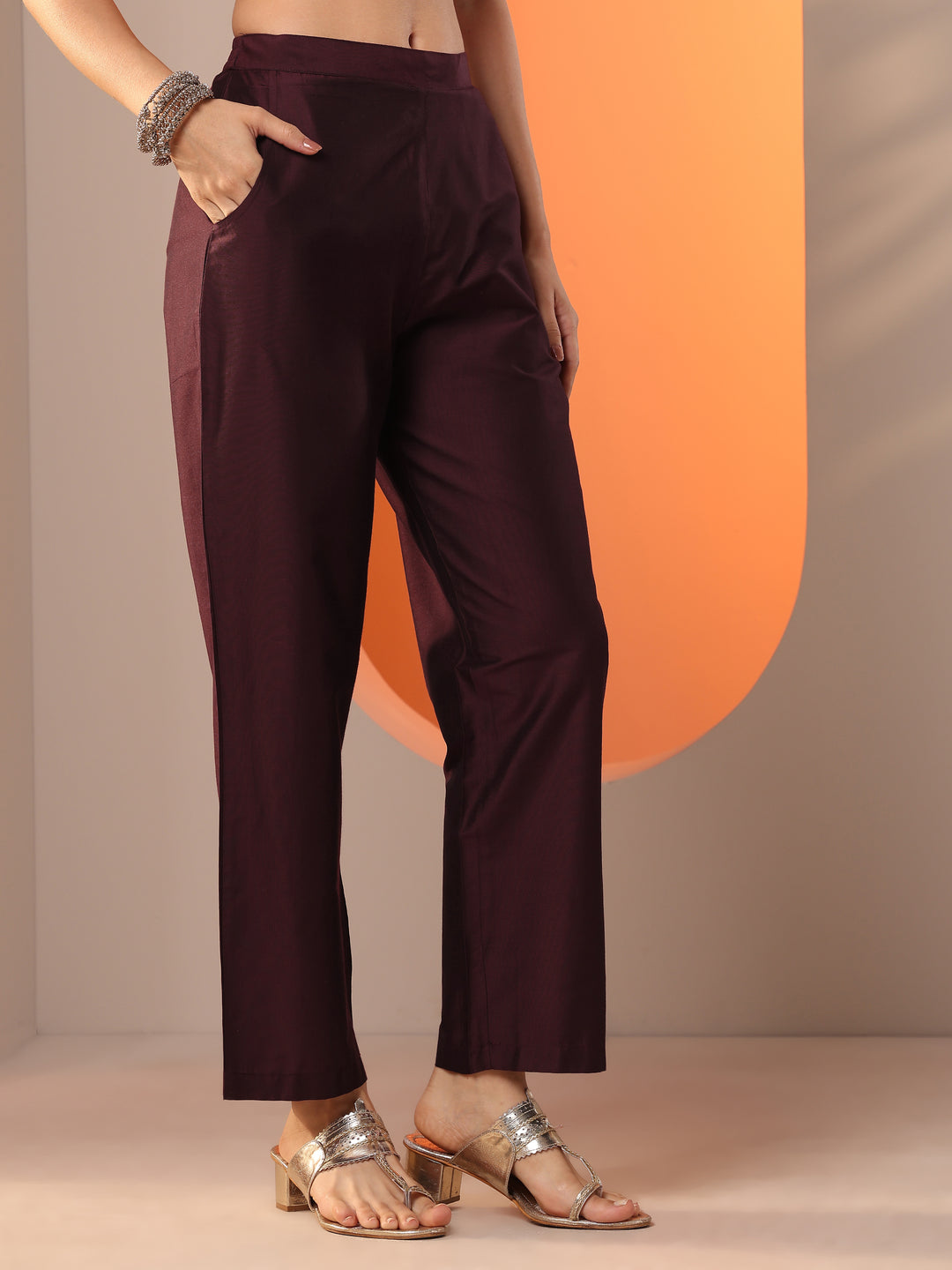  Burgundy Embroidered Silk Blend Straight Kurta Set 