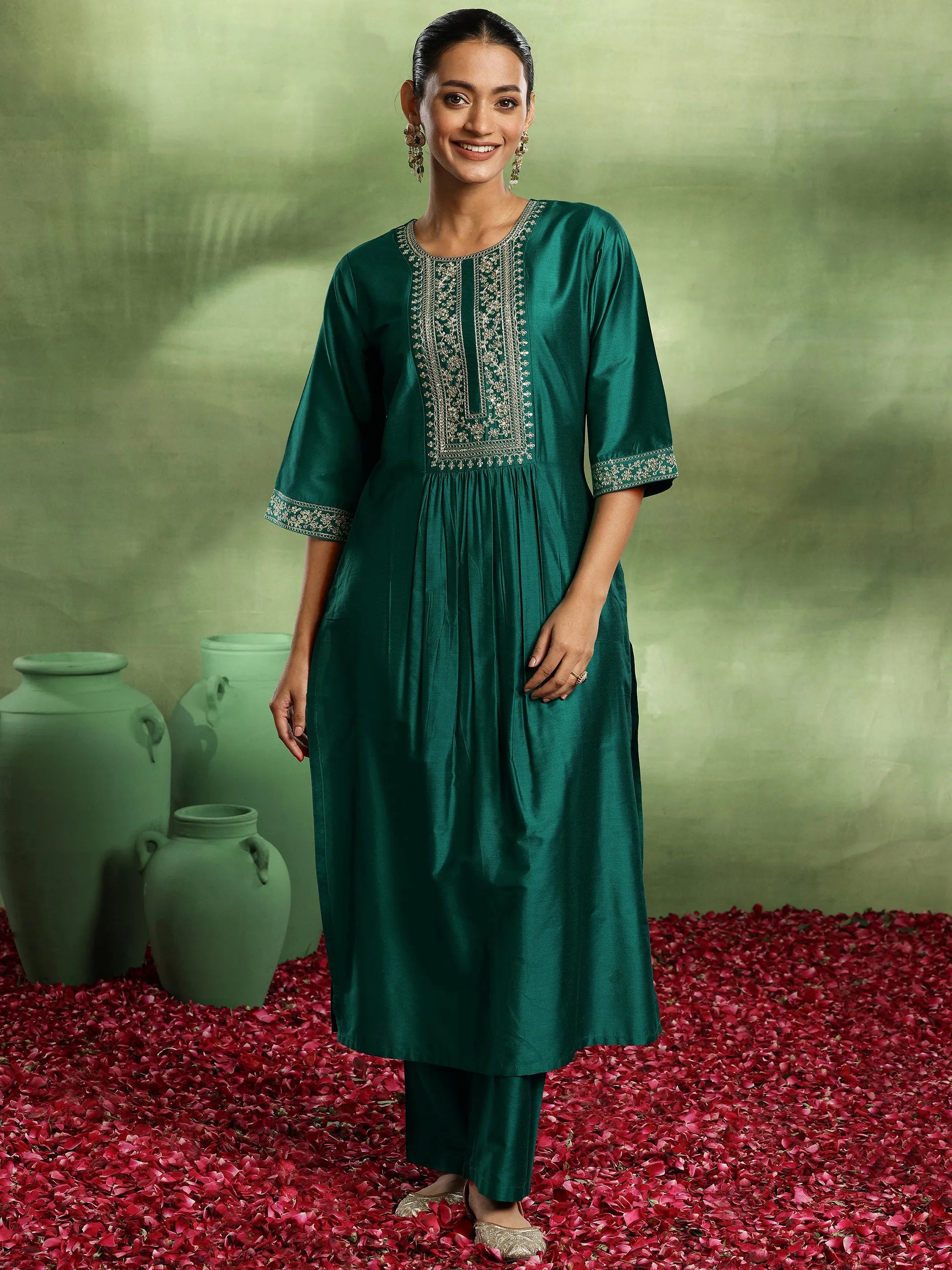 libas Green Yoke Design Silk Blend A-Line Kurta Set-picture-27