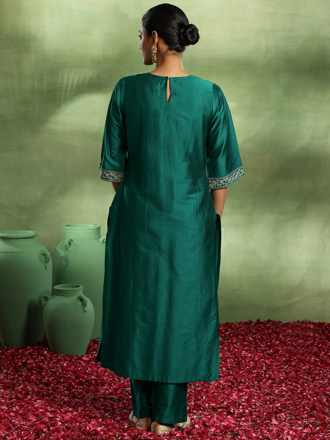  Green Yoke Design Silk Blend A-Line Kurta Set 