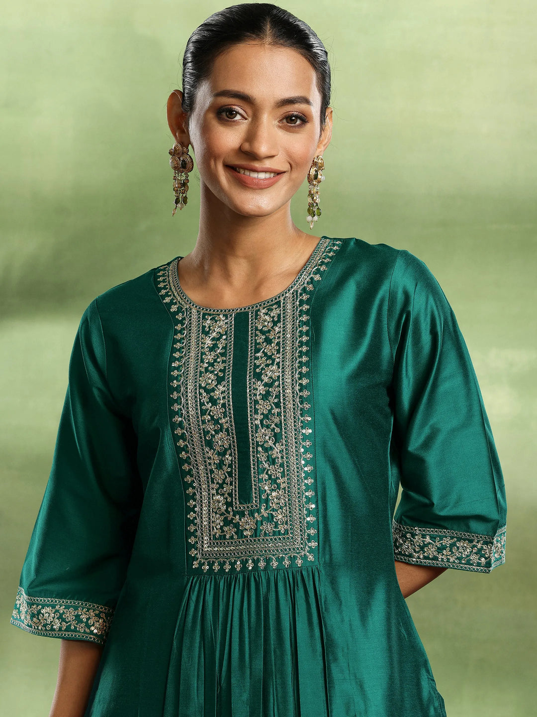  Green Yoke Design Silk Blend A-Line Kurta Set 