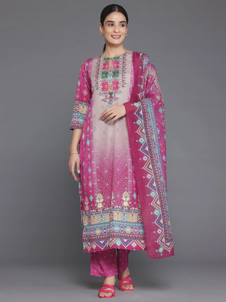 Pink Printed Poly Crepe Straight Suit With Dupatta - Libas